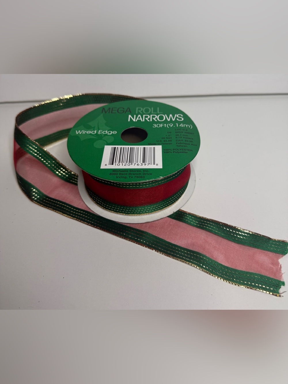 Mega Roll Narrows Wired Edge Ribbon - Green & Red with Gold Trim